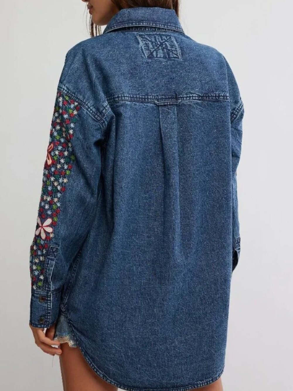 FREE PEOPLE NWT Rainbow Embroidered Denim Shirt / Rinse Wash - Picture 5 of 6